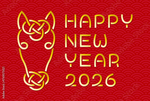 馬の水引きの年賀状,2026年・午年,あけましておめでとう,金色のデザイン