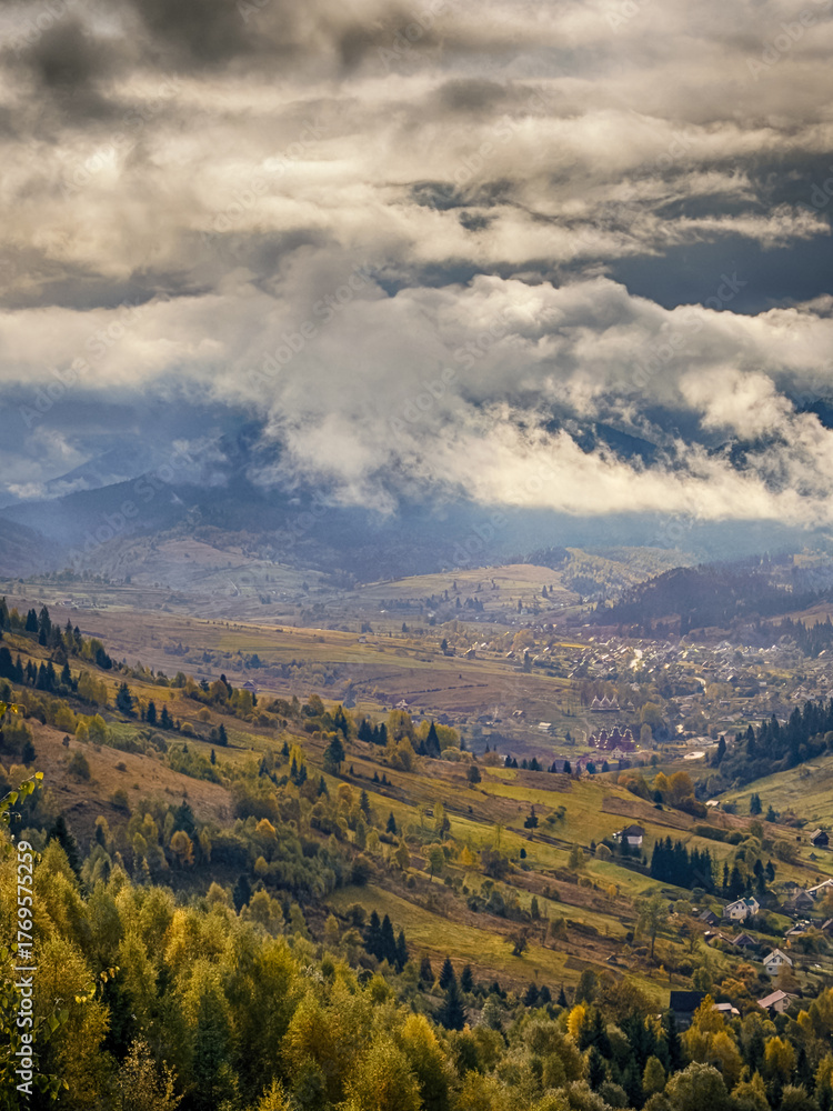 Naklejka premium Misty Autumn Rain Clouds over Ukrainian Carpathian Mountains.