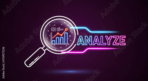 洞察を深めるネオン「ANALYZE」：データ分析と精密な思考を象徴する高品位アイコン