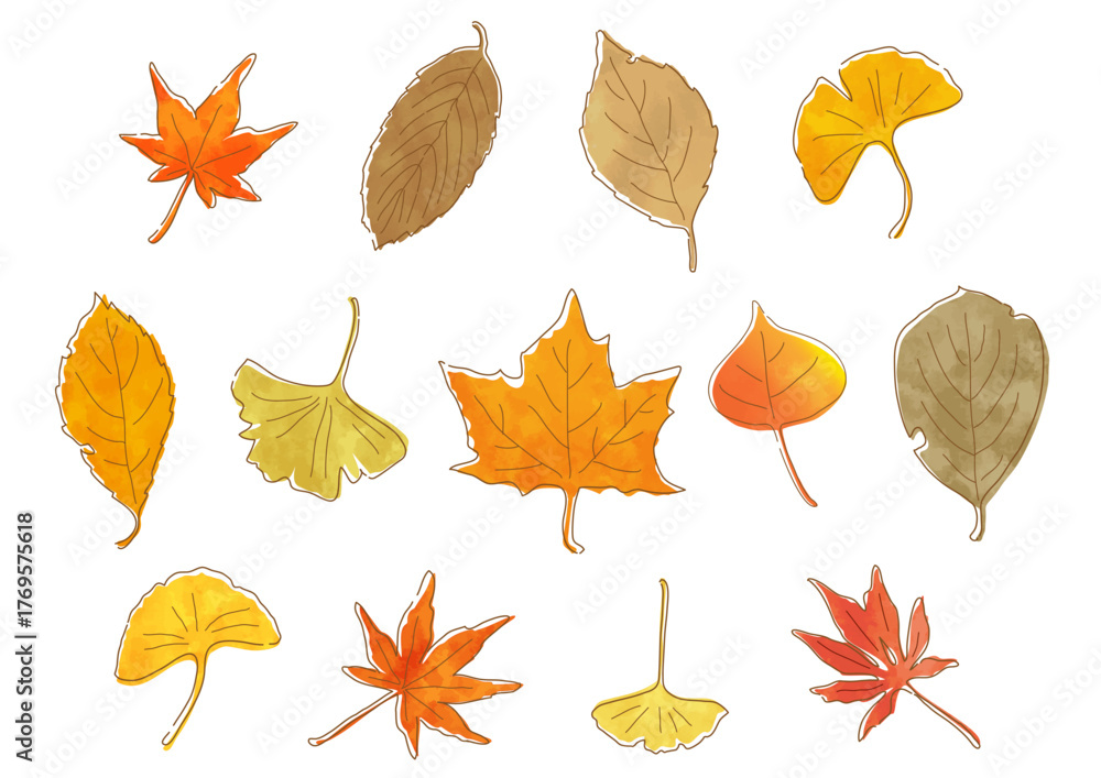 Obraz premium 色とりどりに紅葉した落ち葉 やさしい手描き水彩タッチのベクターイラストセット