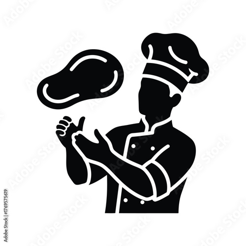 Chef skillfully tossing pizza dough in silhouette icon for culinary businesses and restaurants isolated on white background
