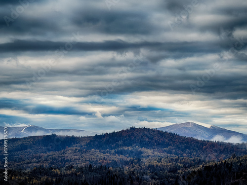 Misty Autumn Rain Clouds over Ukrainian Carpathian Mountains.