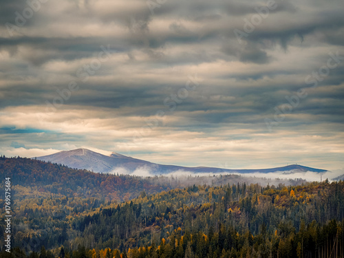 Misty Autumn Rain Clouds over Ukrainian Carpathian Mountains.