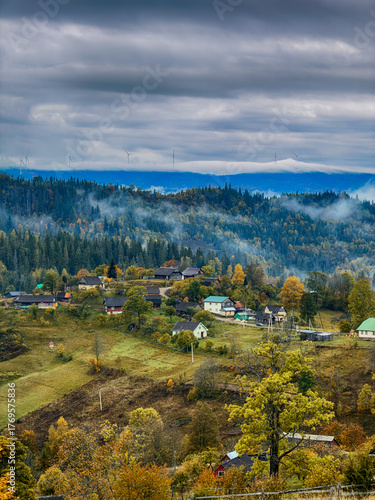 Misty Autumn Rain Clouds over Ukrainian Carpathian Mountains.