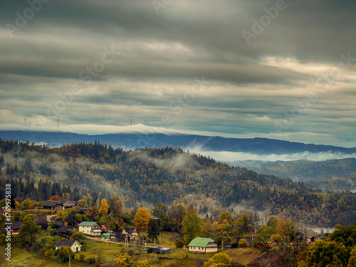 Misty Autumn Rain Clouds over Ukrainian Carpathian Mountains.