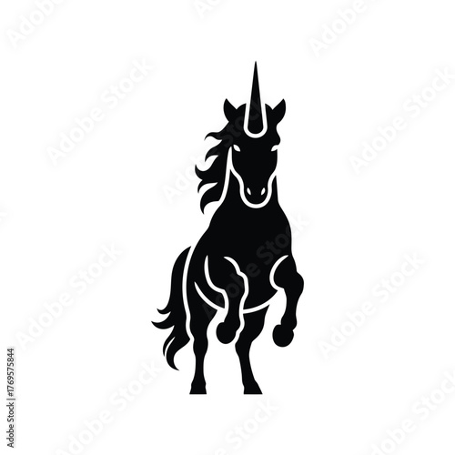 Majestic black unicorn silhouette standing on hind legs mythical creature fantasy icon vector art isolated on white background