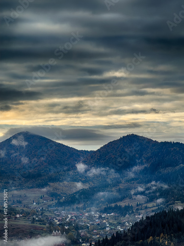 Misty Autumn Rain Clouds over Ukrainian Carpathian Mountains.