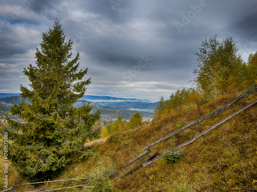 Misty Autumn Rain Clouds over Ukrainian Carpathian Mountains.