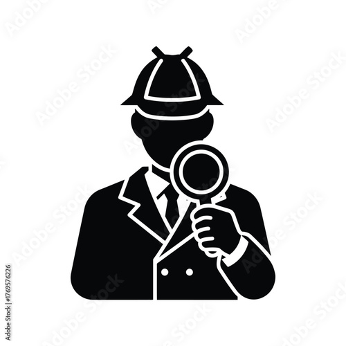Detective silhouette magnifying glass investigation concept sherlock holmes style character icon symbol isolated on white background