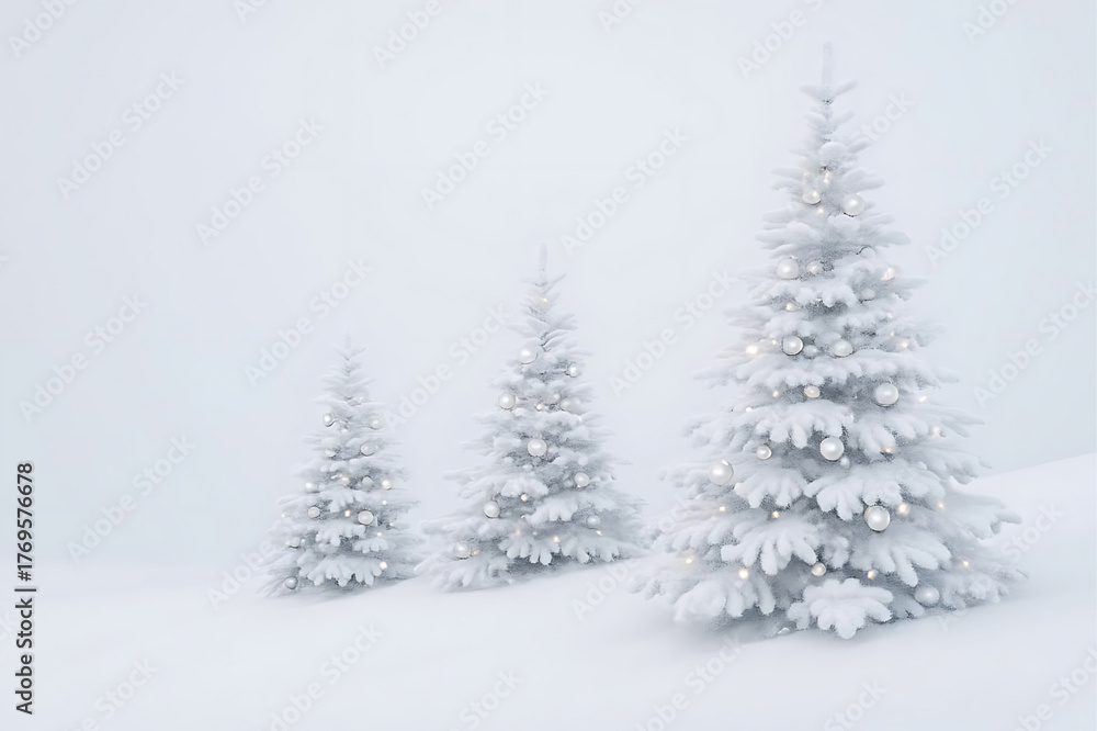 Obraz premium Stunning minimalist winter scene featuring three forest christmas trees adorned with elegant silver ornaments and soft fairy lights, creating a serene and magical holiday atmosphere in a snowy landsca