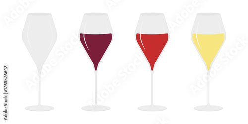 Elegant Wine Glasses Filled Halfway Red Rose and White Wine and Empty Tumbler Minimalist Flat Design