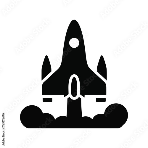 Rocket ship launching into sky generating smoke and fire vector illustration isolated on white background
