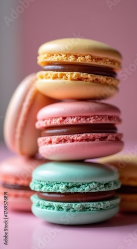 Stack of macarons on a table food background vertical background