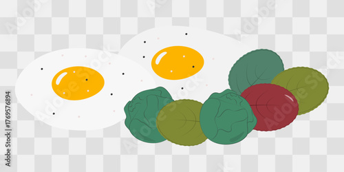 Seasoned Fried Eggs with yolk and Salad leaves and Brussels Sprouts Breakfast Minimalist Flat Design