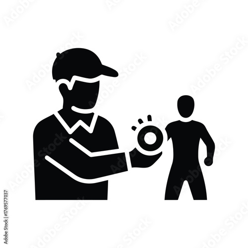 Silhouette of a person with a cap holding a donut near a miniature person illustration isolated on white background