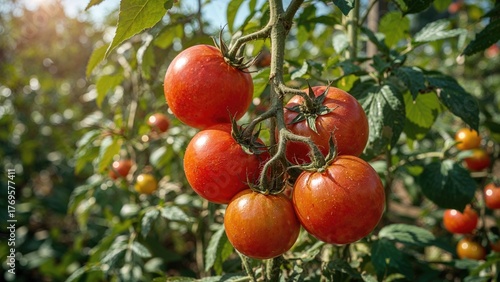 Wallpaper Mural Bio agriculture. Delicious tomatoes cultivated in the family garden, growing vegetables at home. Selective focus. Copy space. Torontodigital.ca