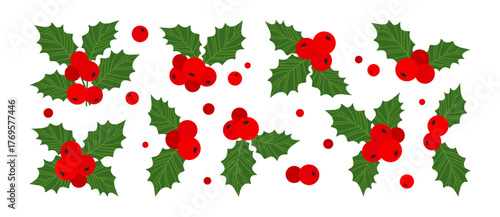 Christmas cartoon mistletoe, holly berry and leaf. Xmas holiday plant, winter ilex icon. Red fruit sprig green branch. American and European december decoration set for New Year. Vector illustration