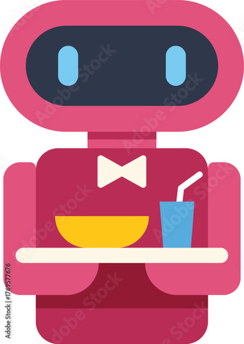 Pink robot waiter wearing a bow tie carrying a tray with food and drink, representing automation in the restaurant industry
