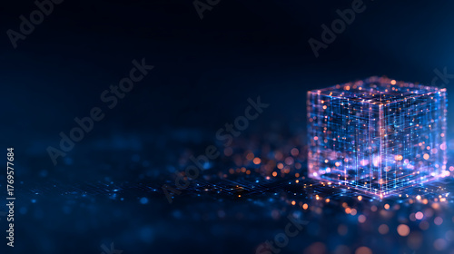 Fototapeta Naklejka Na Ścianę i Meble -  Digital big data cube ai tech background. 3d abstract blue artificial line box. Computer science semiconductor quantum network. Fintech technology chip blockchain vector. 72966369 1