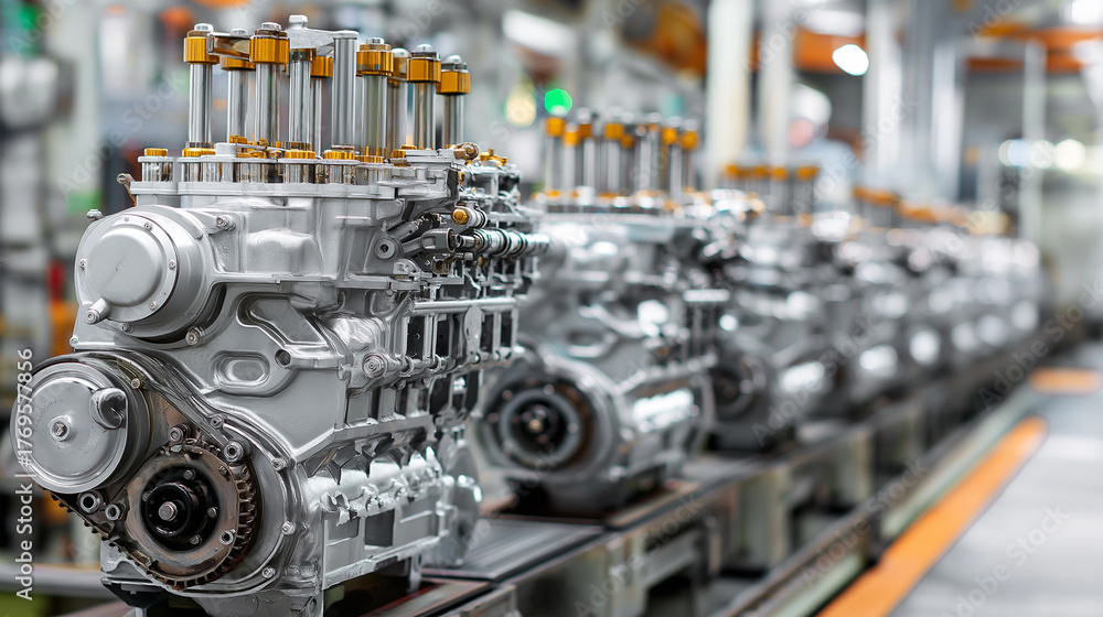Detailed view of car engines on a production line in a factory