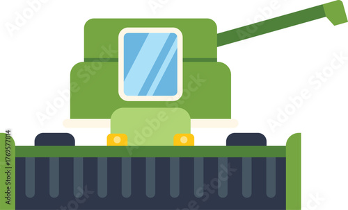 Green combine harvester working in field, agricultural machinery, farming equipment in flat style