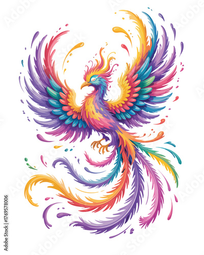 Glowing phoenix illustration with bright colorful gradients, watercolor-inspired digital style on blue backdrop, modern abstract mythical bird design, vector file with separate editable layers perfect