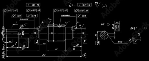 Assembly drawing of worm shaft of electrical reducer.
Vector design of steel mechanical device with dimension lines. Engineering technic cad scheme on
paper sheet. Hand drawn machine part sketch.