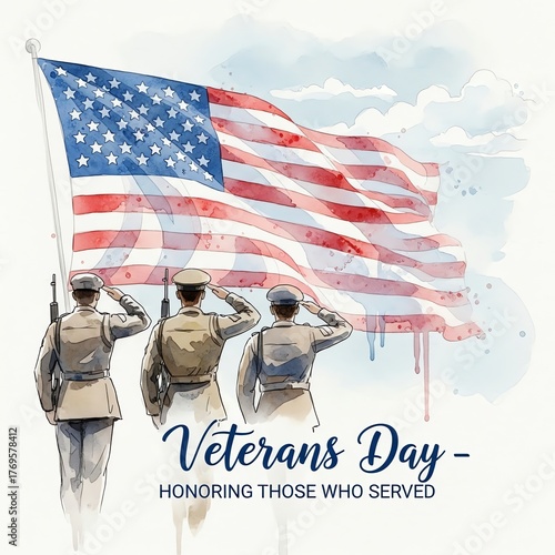 Patriotic Watercolor Salute: Three Soldiers Honoring the Waving American Flag