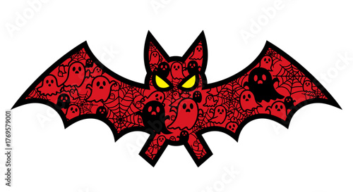 Red bat illustration with spooky ghosts and web designs  