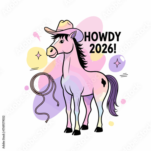A colorful horse wearing a cowboy hat with a rope at the 2026 celebration