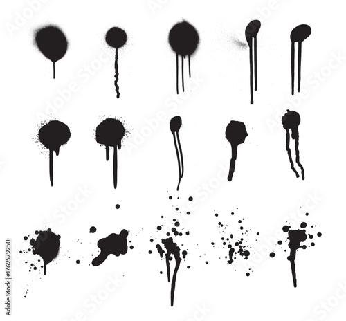 Spray paint drips and lines, black ink splatters, Various black ink splatter and drips isolated on white background offering diverse artistic elements, graffiti brushes set