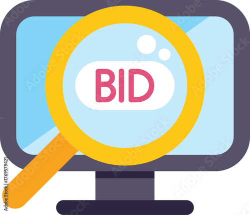 Magnifying glass is focusing on a bid button on a computer screen, representing online bidding and auctions
