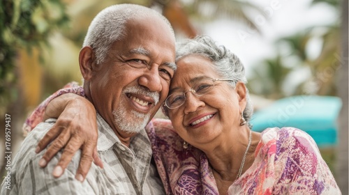 Happy couple enjoying each others company while surrounded by beautiful palm trees at the beach.