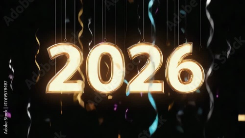 Gleaming Golden 2026 Numbers Suspended Amidst Falling Confetti and Swirling Ribbons Festive New