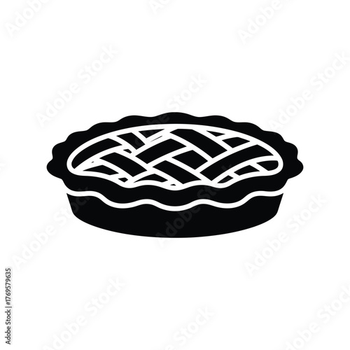 Simple black and white vector illustration of a delicious apple pie with lattice crust isolated on white background