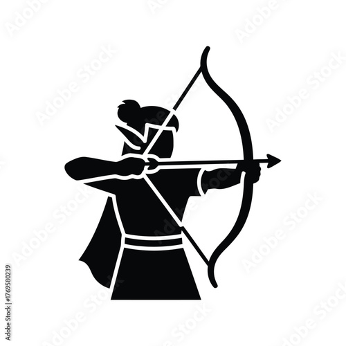 Silhouette of an archer drawing a bow aiming for target focused action sport skill medieval warrior isolated on white background