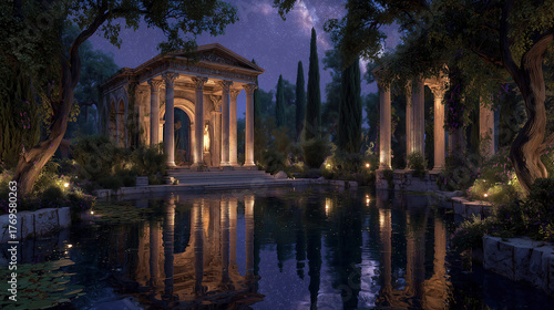 Majestic ancient temple by a serene lake under a starlit sky invites exploration in a fantastical landscape of adventure
