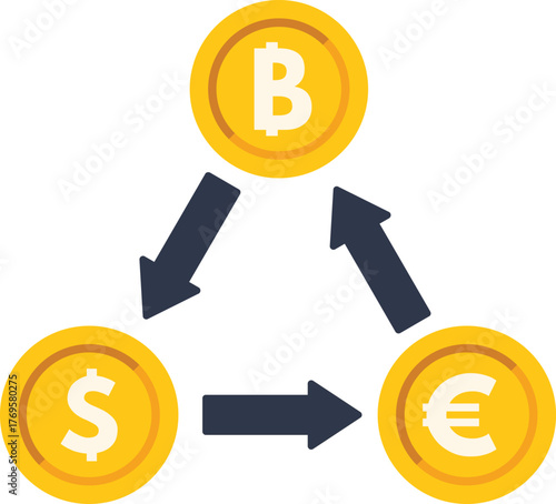 Graphic showing the conversion of bitcoin cryptocurrency with dollar and euro currencies, ideal for financial publications