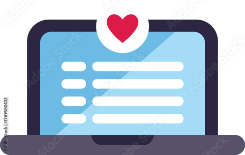 Open laptop computer displaying online dating profile with heart symbol notification, suggesting new match or message