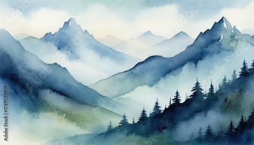 Watercolor painting depicting layered blue misty mountains with silhouetted evergreen trees on a hill