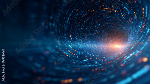 Fototapeta Naklejka Na Ścianę i Meble -  Background tunnel abstract with portal quantum and technology code for vector line or matrix pattern illustration. Graphic hole science and binary funnel with black AI and 3D data design. 66580107 1