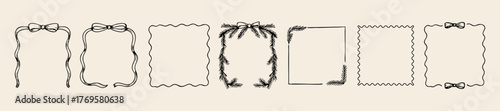 Set of 7 hand drawn Christmas frames in black outline style featuring bows, pine branches, and wavy borders. Perfect for greeting cards, invitations, holiday packaging, and winter decorations