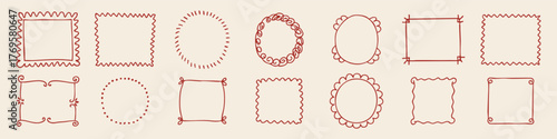 Set of 14 hand drawn decorative frames with wavy, scalloped, and dotted borders in red outline. Perfect for Christmas cards, invitations, labels, and festive packaging designs