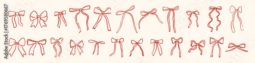 Collection of 24 hand drawn bows in red outline. Minimal and festive design perfect for Christmas cards, wrapping paper, stickers, packaging, and winter decor
