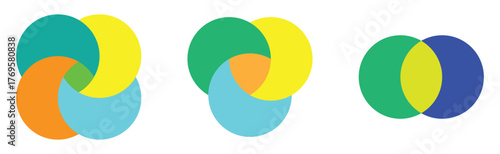 Modern isolated Venn diagram icons set on white background. Infographics vector flat diagram set on white page. 