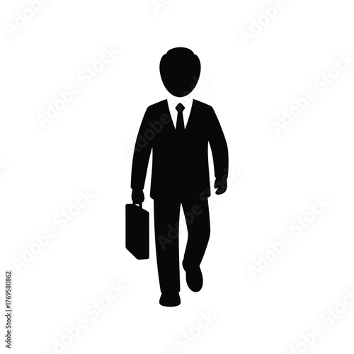 Silhouette businessman walking confidently carrying briefcase corporate professional career journey isolated on white background