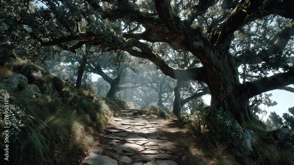 Fototapeta premium Mystical forest trail illuminated by soft sunlight invites adventure in an enchanting fantasy landscape