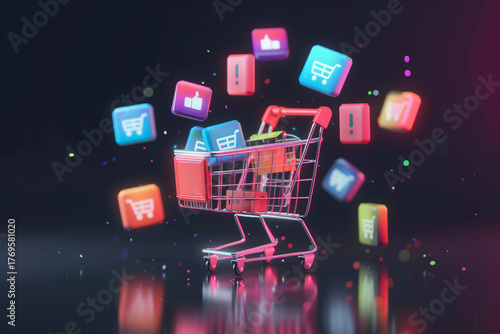 A shopping cart with a bunch of icons on it. Cyber Monday, sale, purchase, black friday