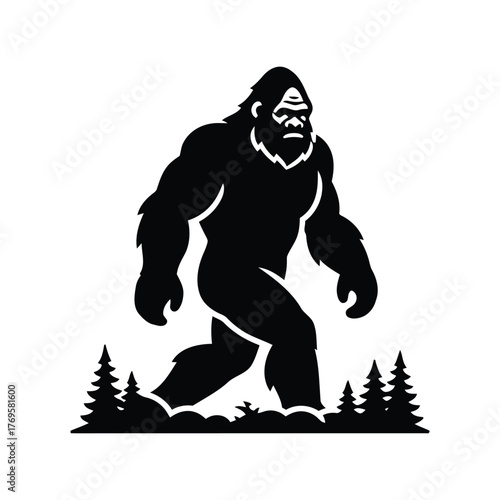 Bigfoot sasquatch silhouette walking in pine forest legend creature mythical forest dweller art isolated on white background