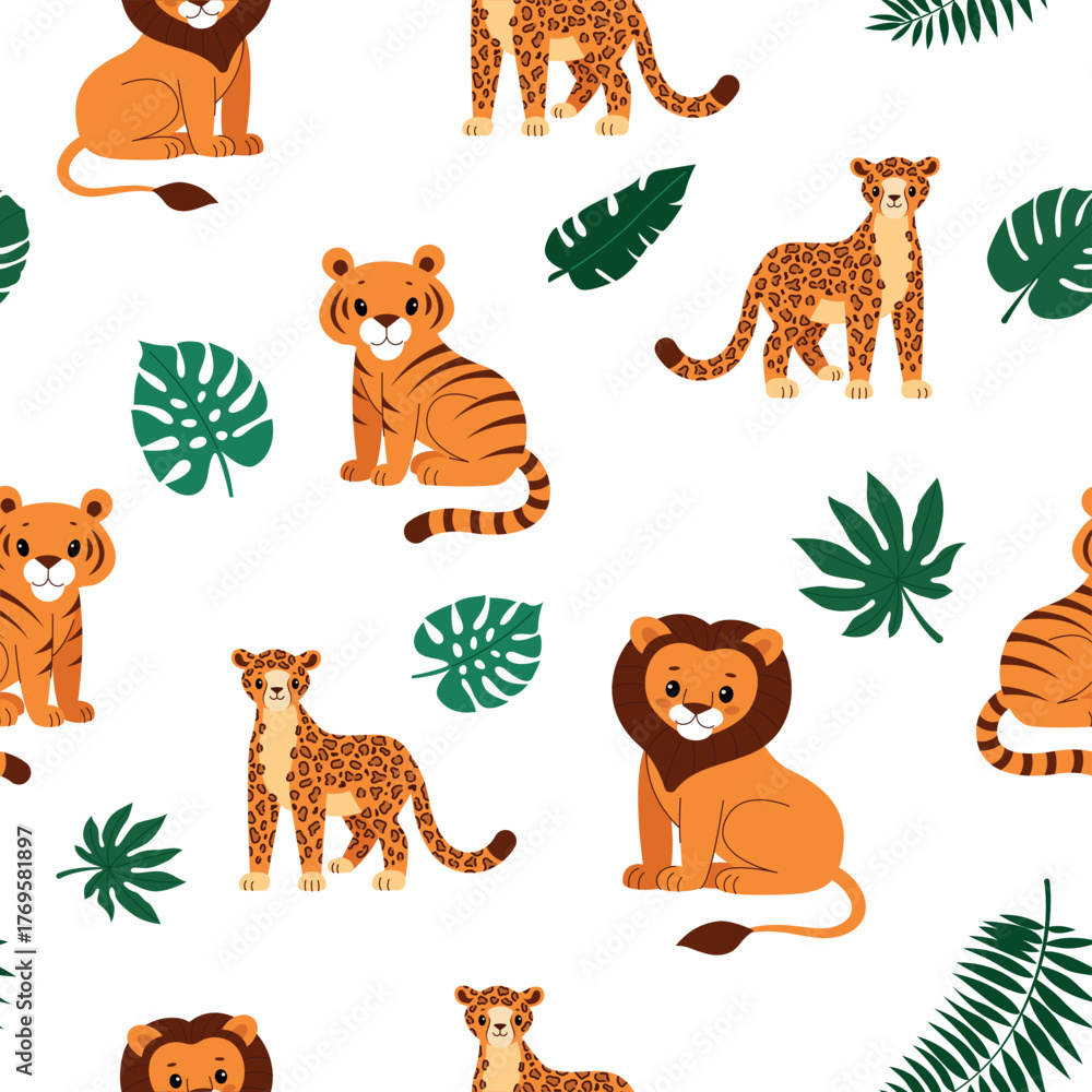 Obraz premium African animals pattern for kids.Seamless pattern with safari animals,lion,tiger,cheetah. Flat cartoon vector illustration